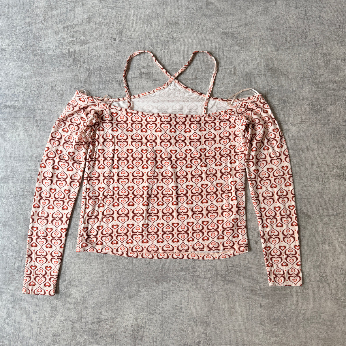 MISS SHOP Womens Y2K Off Shoulder Heart Print Long Sleeve Top Size L NWT’s -E56