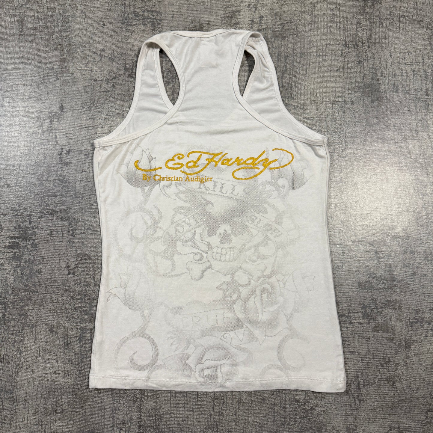 Ed Hardy Women’s Y2K Bejeweled Tiger Tank Top Size S White Singlet -I52