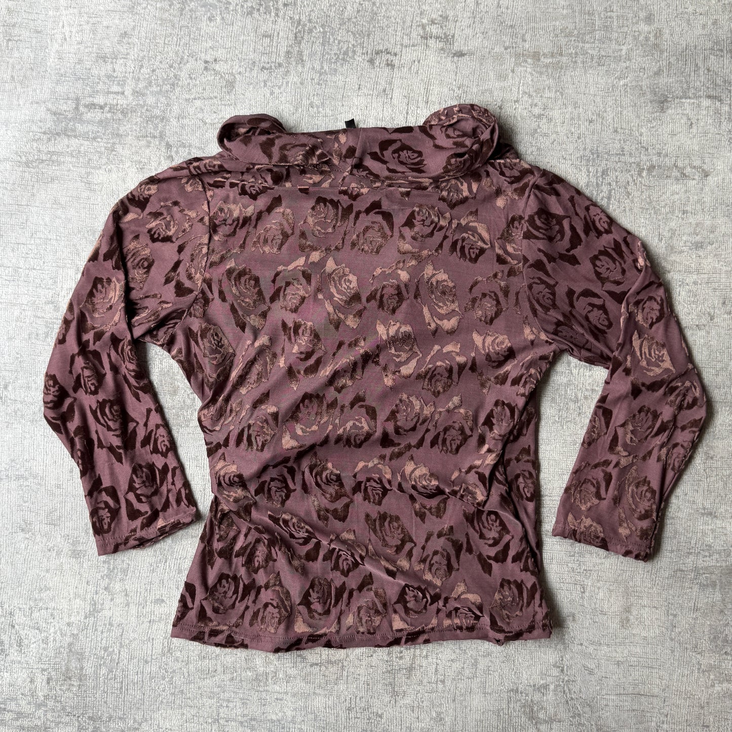 Juo Womens Y2K Brown Floral Velour Top Size L Fitted 3/4 Sleeve -A59
