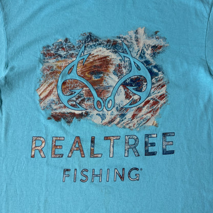 Real Tree Fishing Teal Blue Graphic T Shirt Size L Mens           -G44