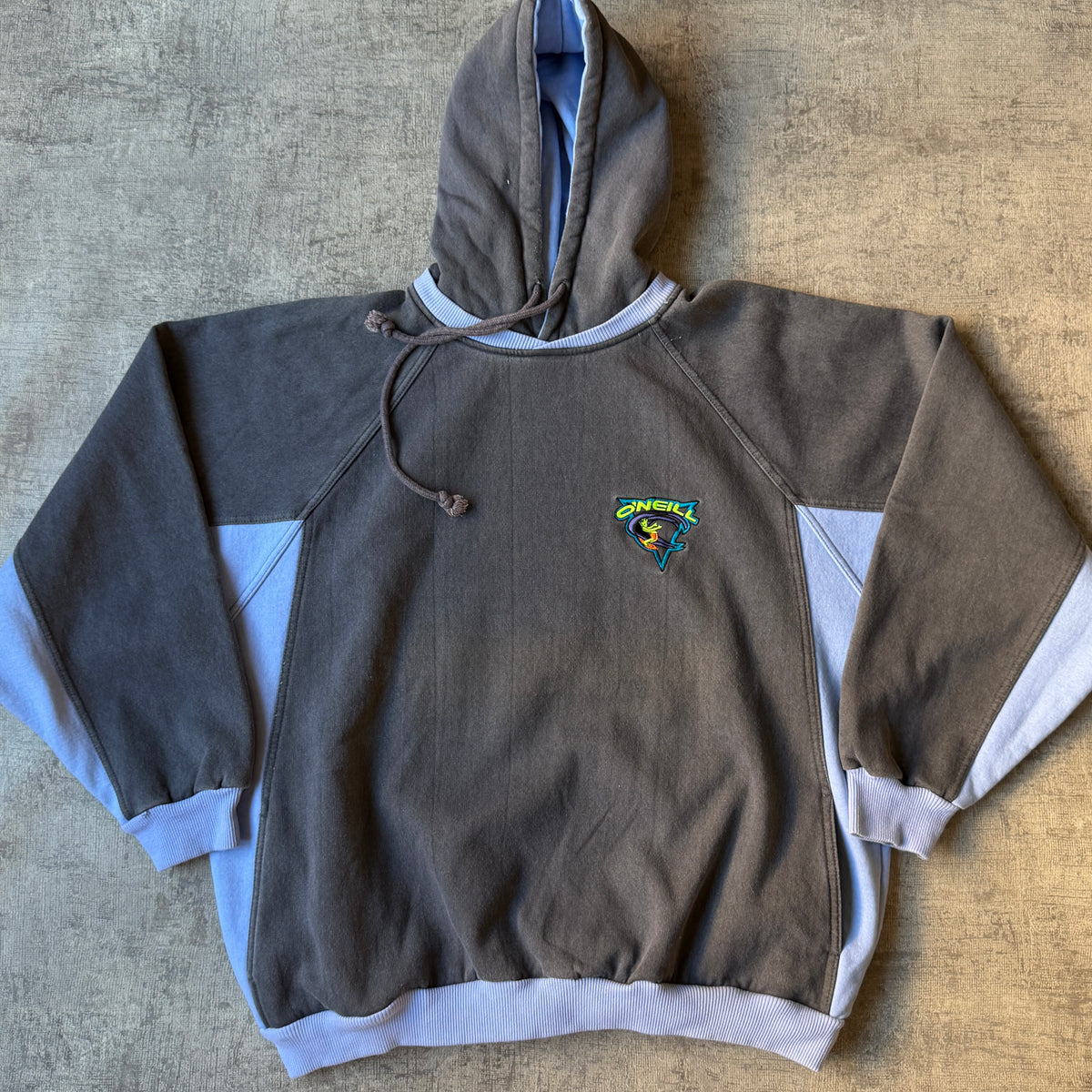 O'Neill Vintage Surf Hoodie Size XL Mens Two Tone Jumper Grey Blue 90's             -B48