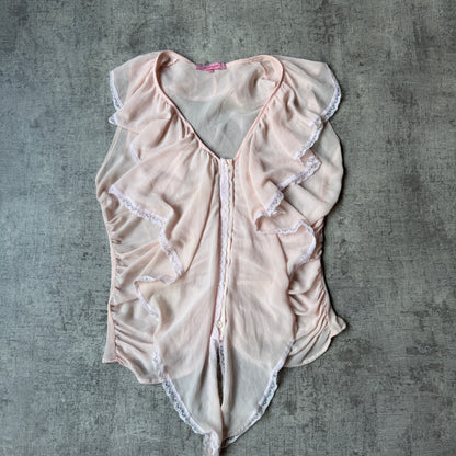 Danoff Womens Baby Pink Y2K Blouse Top Size M Lace Trim        -G53