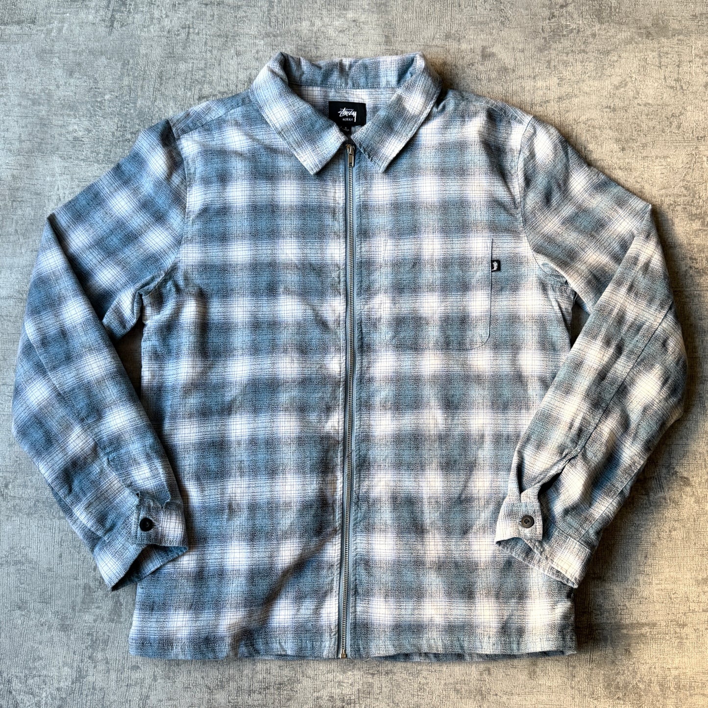 Stussy Plaid Zip Flannel Jacket Size S Mens Oversized Blue              -B49