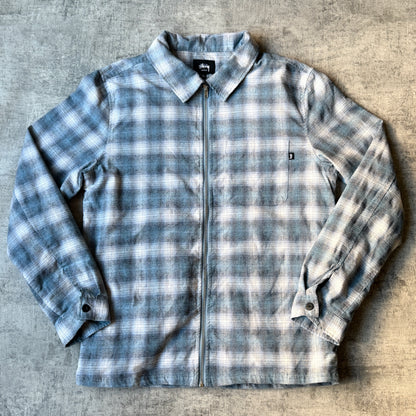 Stussy Plaid Zip Flannel Jacket Size S Mens Oversized Blue              -B49