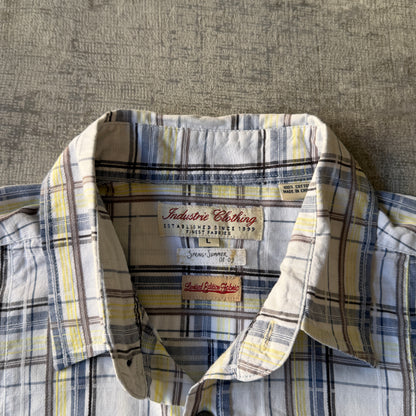 Industrie Cropped Button Up Shirt White Yellow Plaid Size L Mens           -A64