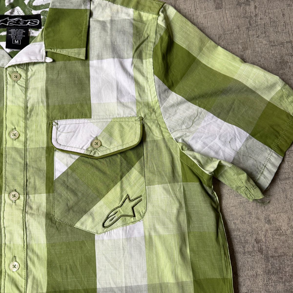 Alpinestars Green Cropped Button Up Shirt Size M Mens Short Sleeve                -F16