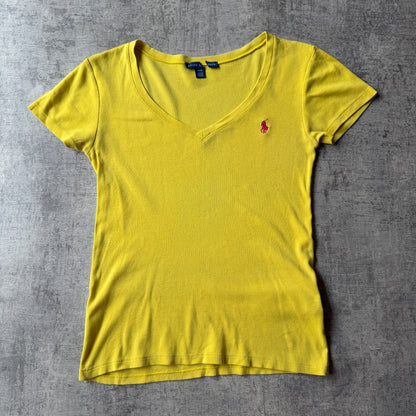 Ralph Lauren Womens Yellow V-Neck Top Size M Pink Little Pony Vintage Single Stitch Top             -C38