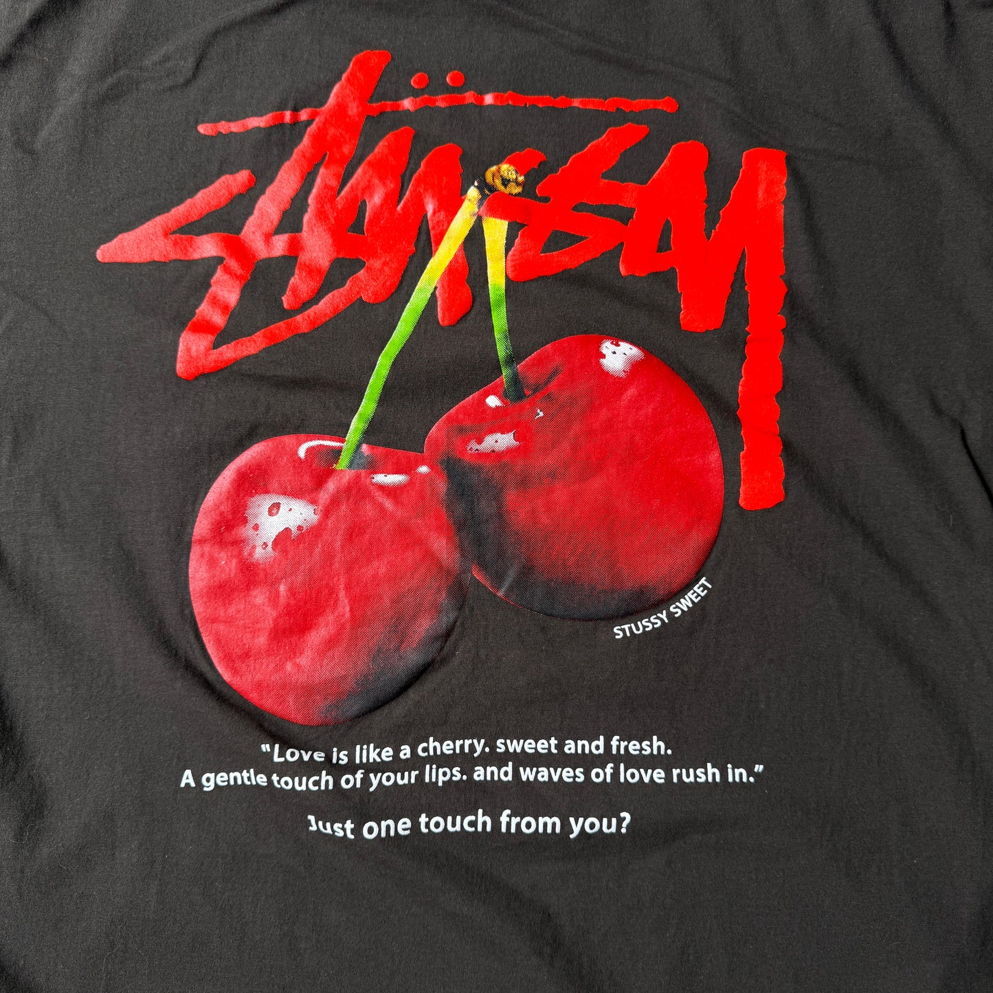 Stussy Cherry Graphic T-Shirt Size L Mens Black Red Y2K Tee                -B13