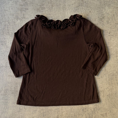 Baker Street Womens Brown Y2K Blouse Top Size L Ruffle Neck               -C65