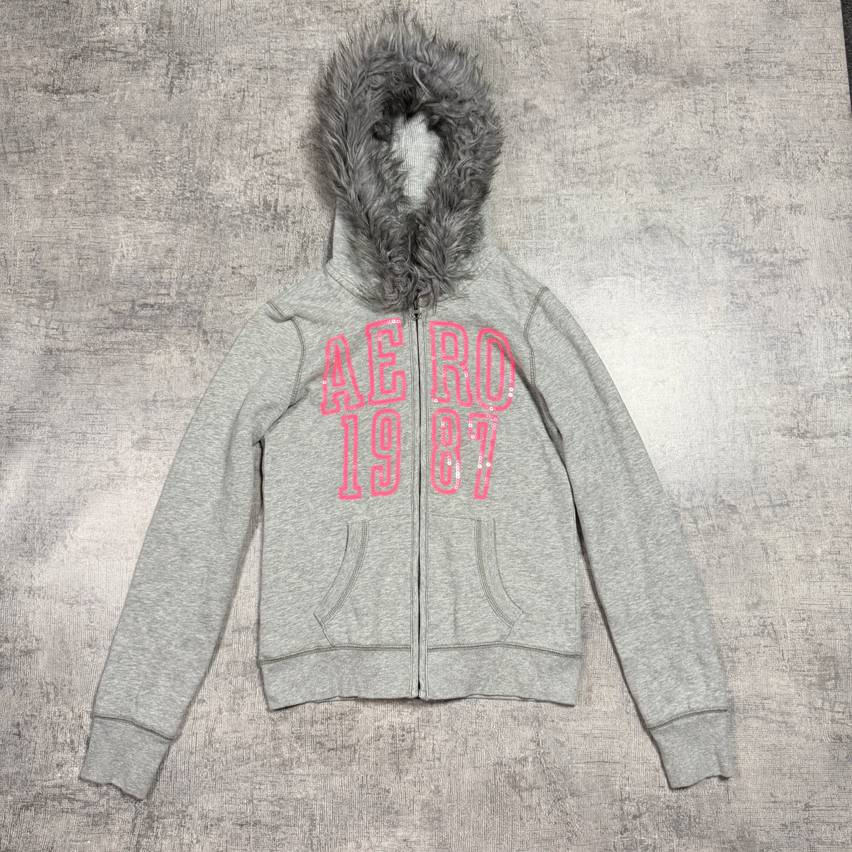 Aeropostale Y2K Womens Fur Hooded Zip Jacket Size M Grey Pink                -D31