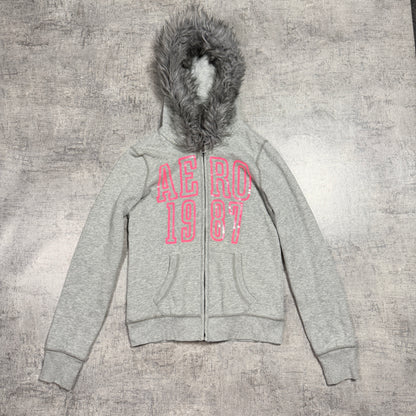 Aeropostale Y2K Womens Fur Hooded Zip Jacket Size M Grey Pink                -D31