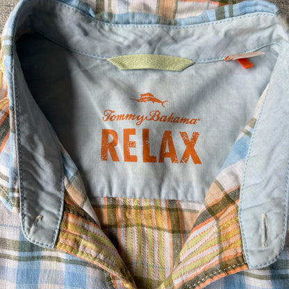 Tommy Bahama Cropped Button Up Shirt Size XL Blue Orange Short Sleeve                -F17