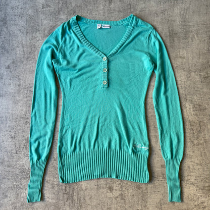 Billabong Womens Y2K Blue Jumper Size 12 V-Neck Script Logo                -C63