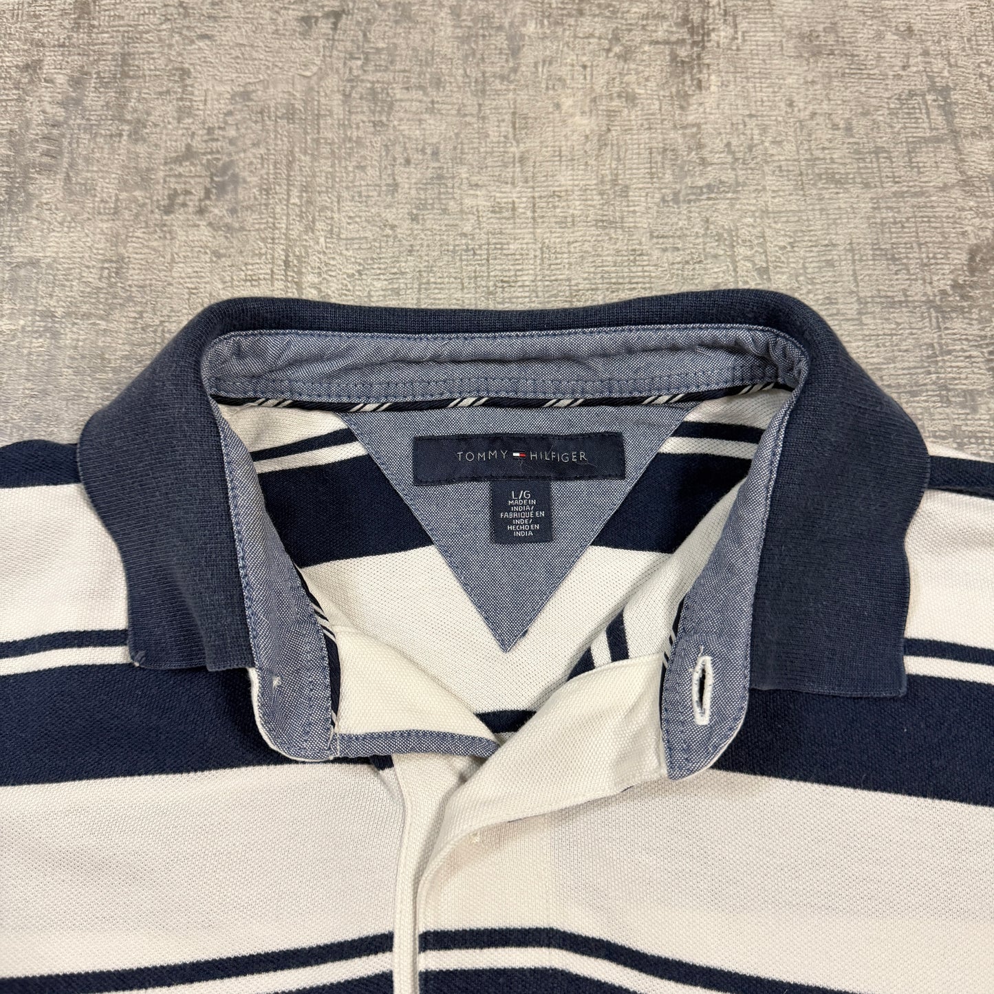 Tommy Hilfiger Men’s Long Sleeve Striped Polo Shirt Size L Mens White/ Navy                         -I65