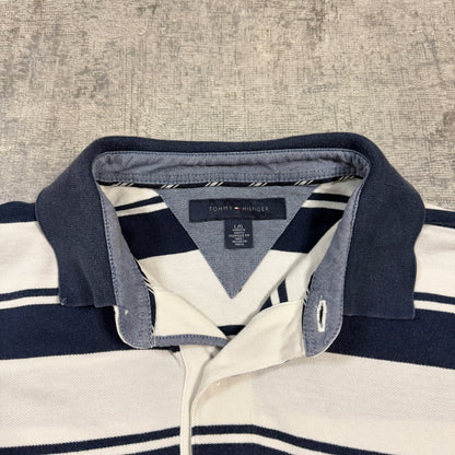 Tommy Hilfiger Men’s Long Sleeve Striped Polo Shirt Size L Mens White/ Navy                         -I65
