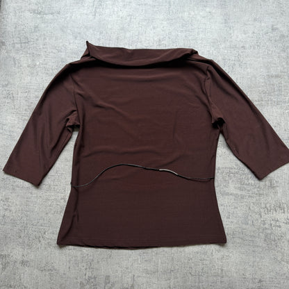 Y2K Brown Ruffle Neck Womens Top Size M Bejewelled 3/4 Sleeve        -A27