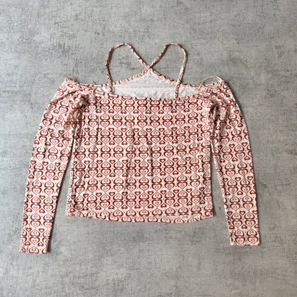 MISS SHOP Womens Y2K Off Shoulder Heart Print Long Sleeve Top Size L NWT’s                  -E56