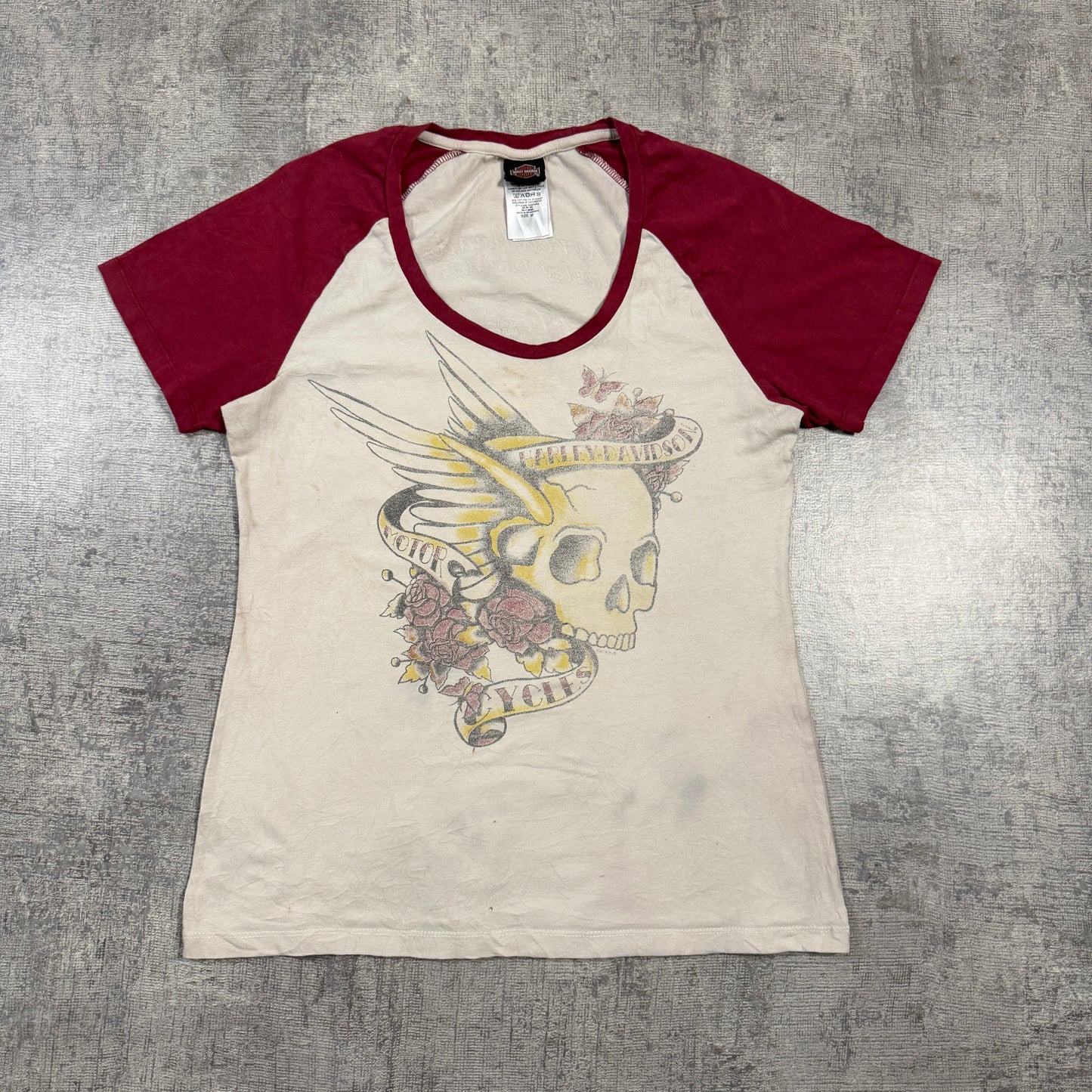 Harley Davidson Womens Y2K Ringer Tee Size M Cream Maroon Skull Graphic               -I42