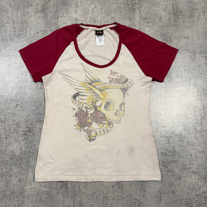 Harley Davidson Womens Y2K Ringer Tee Size M Cream Maroon Skull Graphic               -I42