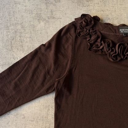 Baker Street Womens Brown Y2K Blouse Top Size L Ruffle Neck               -C65