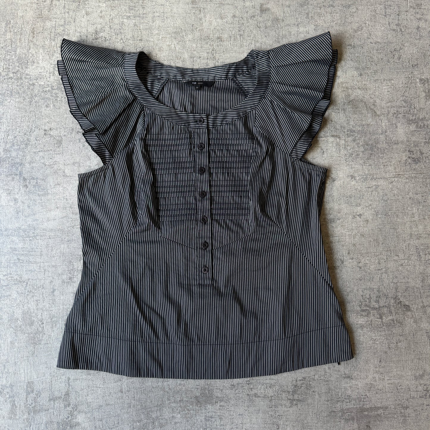 CUE Womens Y2K Pinstripe Blouse Top Size 12 Black & White Fitted Top             -E64