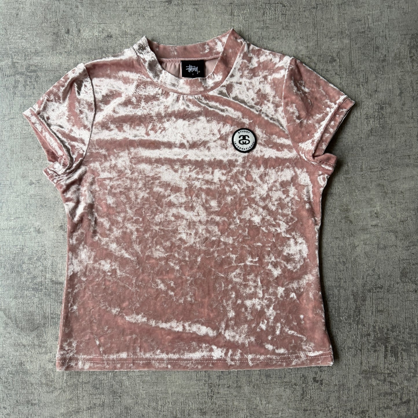 Stussy Y2K Pink Velour Top Size 8 Womens Baby Tee               -F53