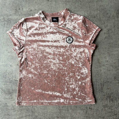 Stussy Y2K Pink Velour Top Size 8 Womens Baby Tee               -F53