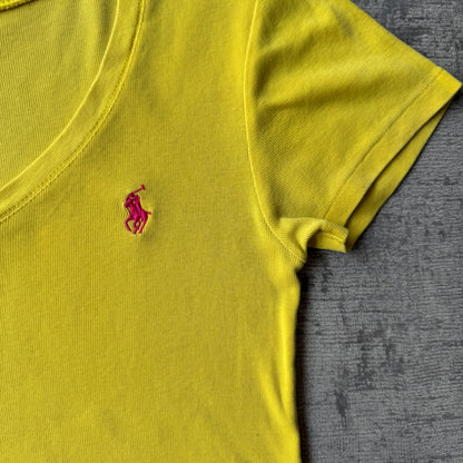 Ralph Lauren Womens Yellow V-Neck Top Size M Pink Little Pony Vintage Single Stitch Top             -C38
