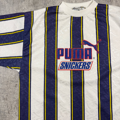 Vintage Puma Snickers Football Jersey Size L Mens #2 White/ Blue        -I8