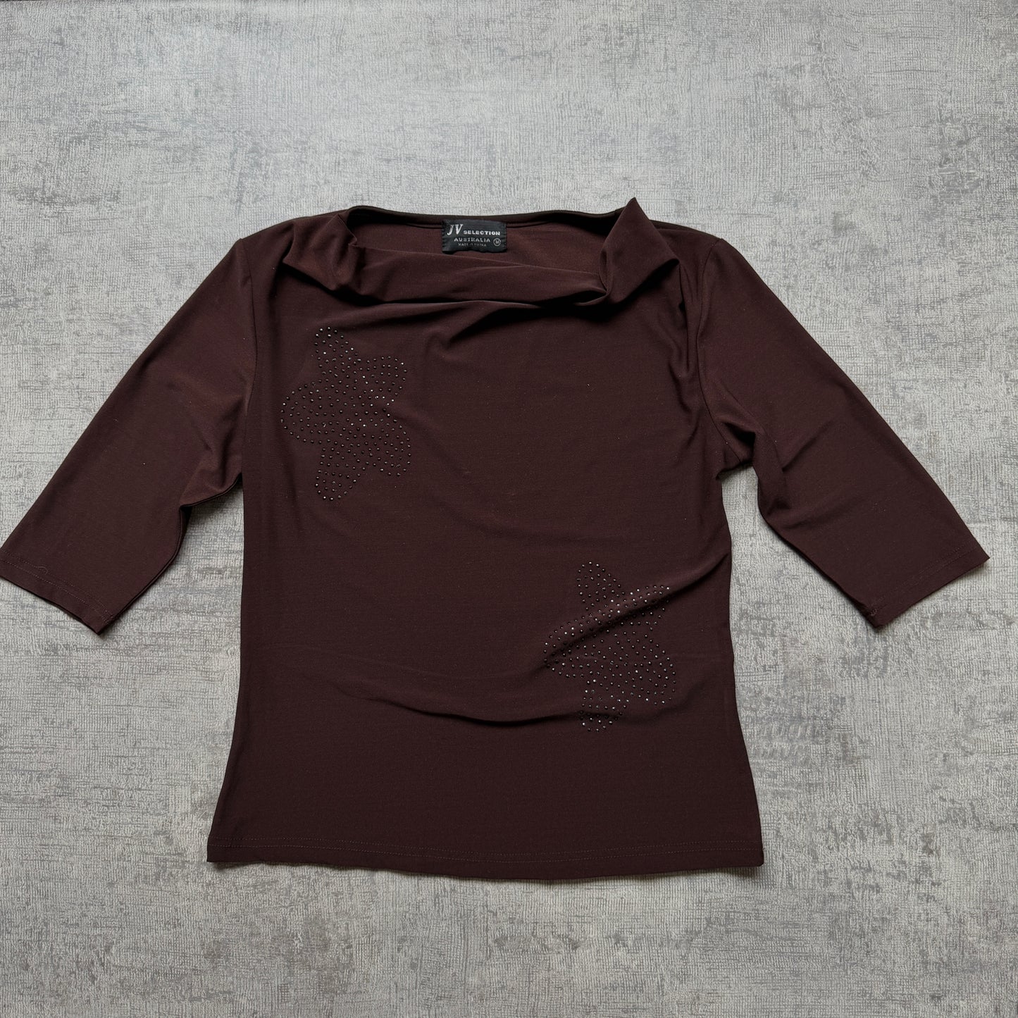 Y2K Brown Ruffle Neck Womens Top Size M Bejewelled 3/4 Sleeve        -A27