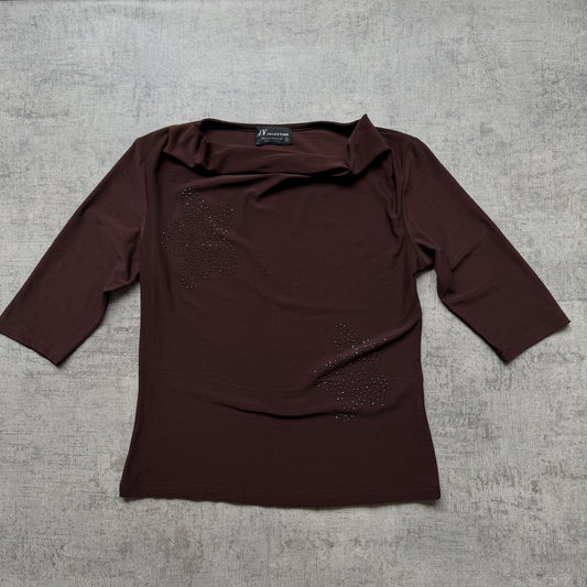 Y2K Brown Ruffle Neck Womens Top Size M Bejewelled 3/4 Sleeve        -A27