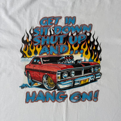 “Get In, Sit Down” Mens Vintage White T-Shirt Fits Size XL Mens                      -E43