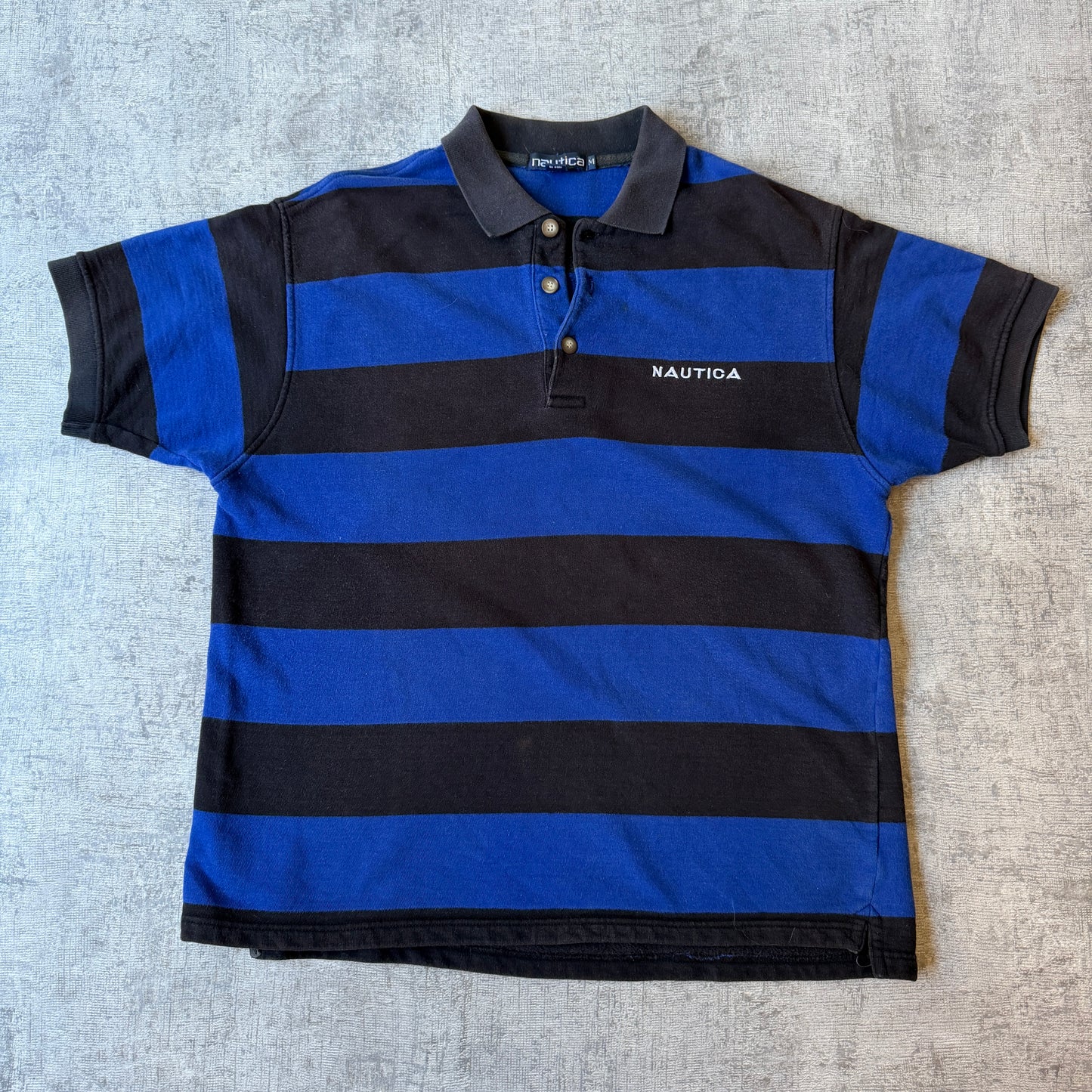 Nautica Y2K Polo Shirt Size M Mens Black Blue Striped Top      -H39