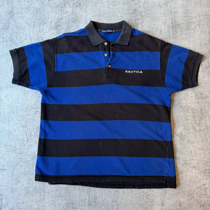 Nautica Y2K Polo Shirt Size M Mens Black Blue Striped Top      -H39