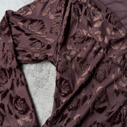 Juo Womens Y2K Brown Floral Velour Top Size L Fitted 3/4 Sleeve            -A59
