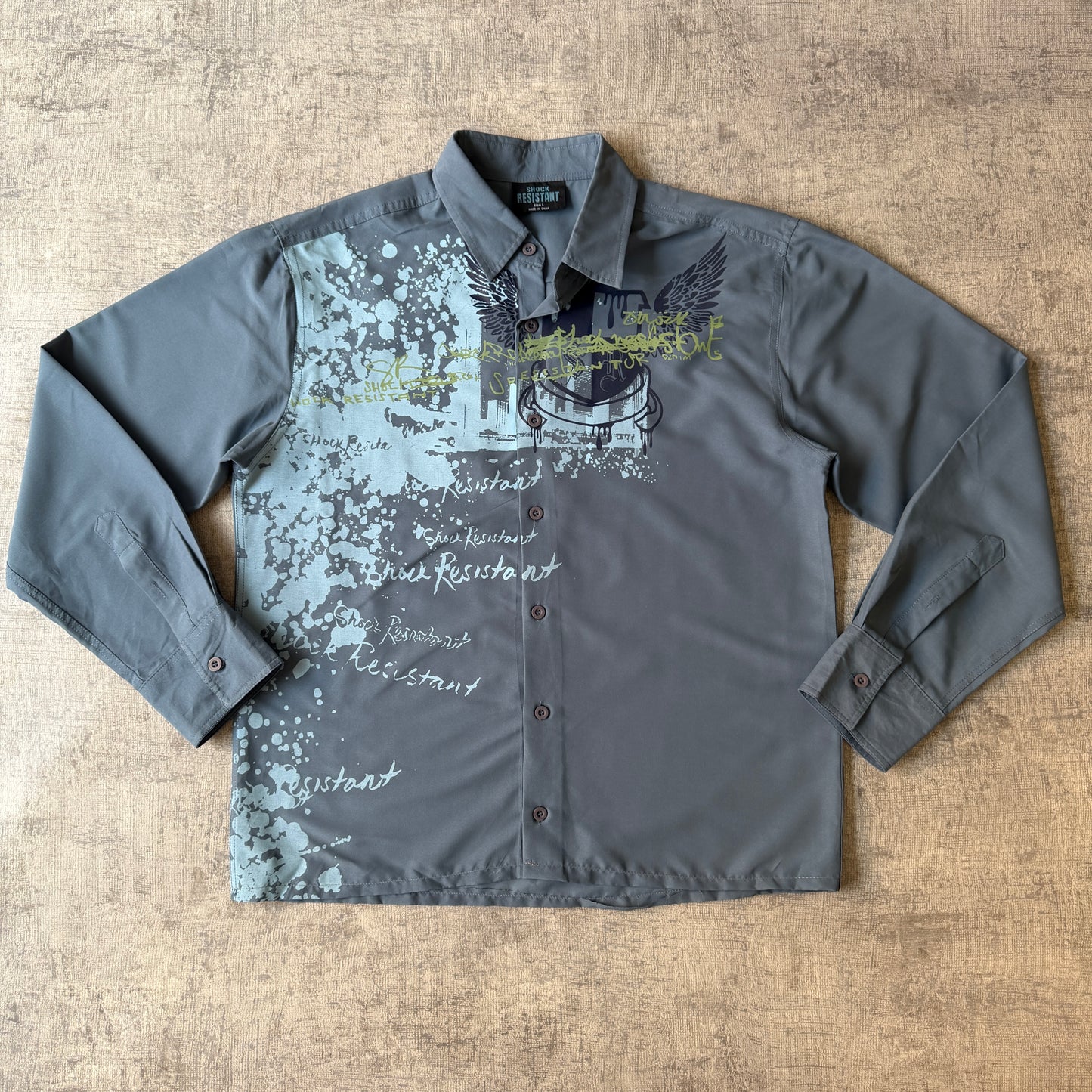 Shock Resistant Blue Y2K Graphic Cropped Button Up Size L Long Sleeve                   -E15