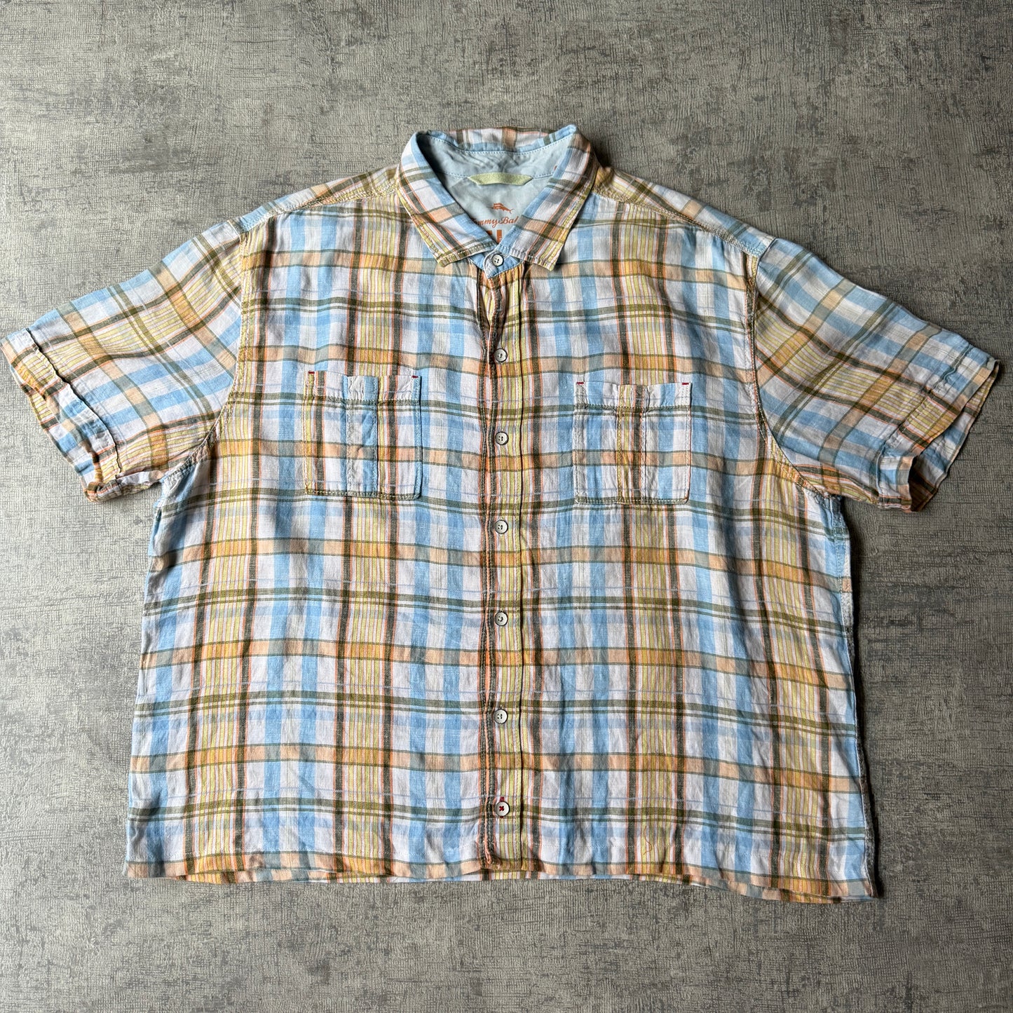 Tommy Bahama Cropped Button Up Shirt Size XL Blue Orange Short Sleeve                -F17