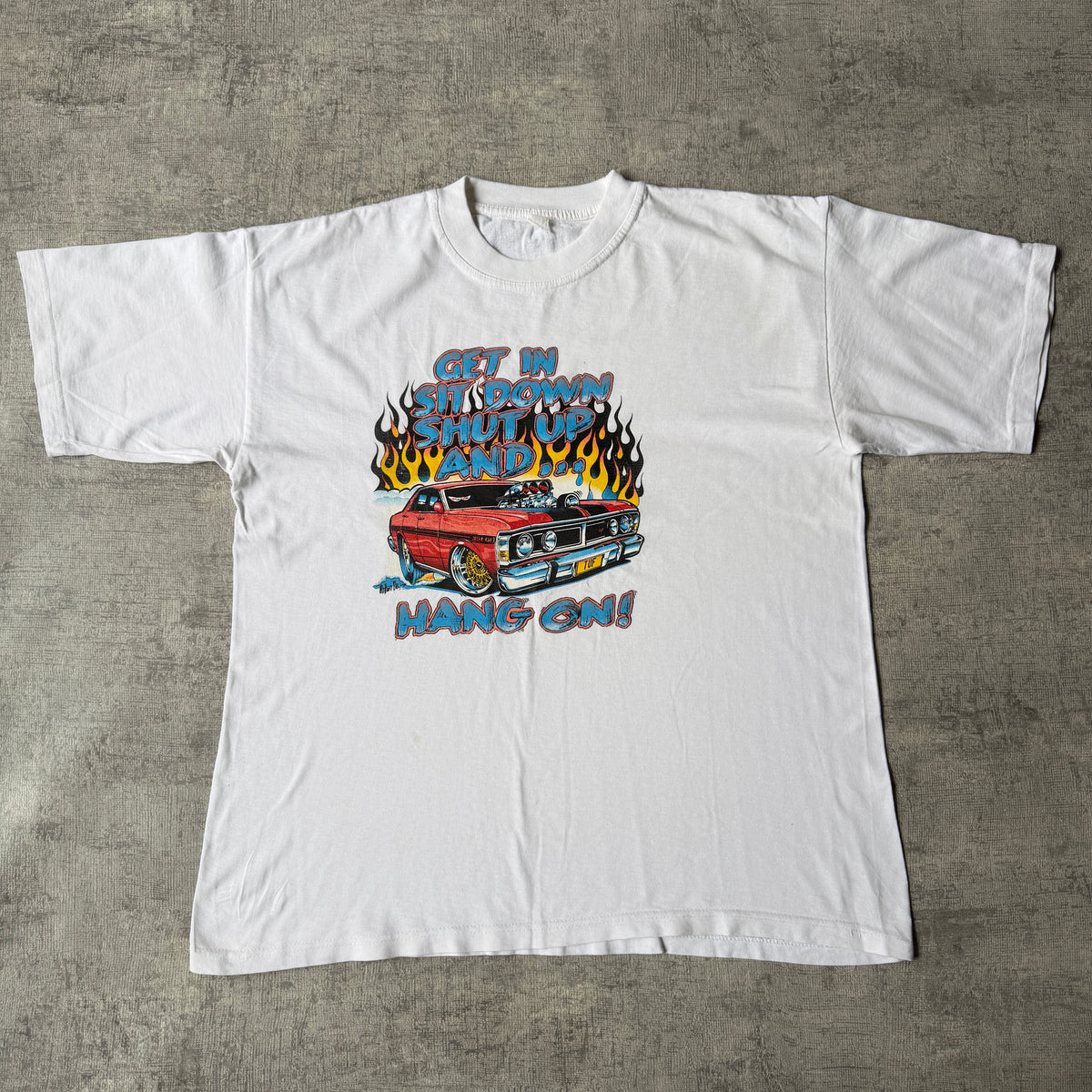 “Get In, Sit Down” Mens Vintage White T-Shirt Fits Size XL Mens                      -E43