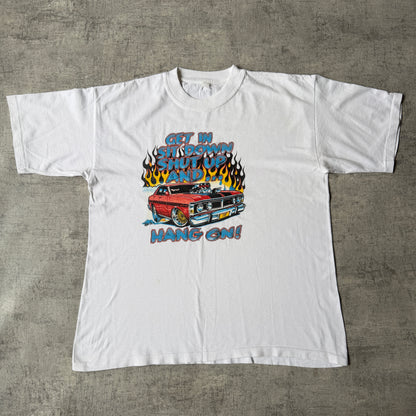 “Get In, Sit Down” Mens Vintage White T-Shirt Fits Size XL Mens                      -E43