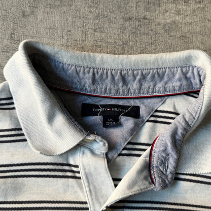 Tommy Hilfiger Mens Striped Polo Shirt Size L Mens Y2K Light Blue         -D55
