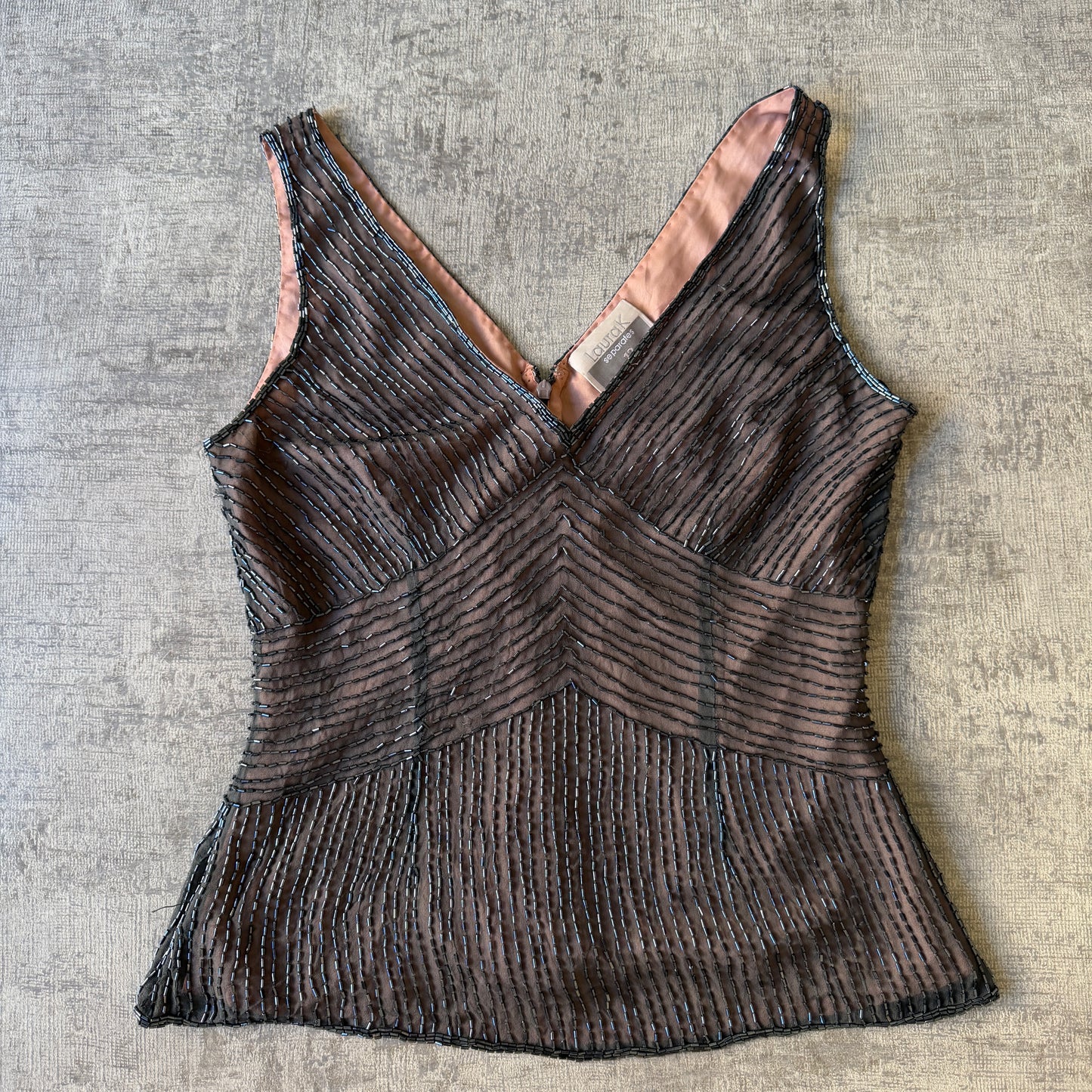Vintage Laura K 100% Silk Beaded Black Cami Top Size 12 Womens            -D34