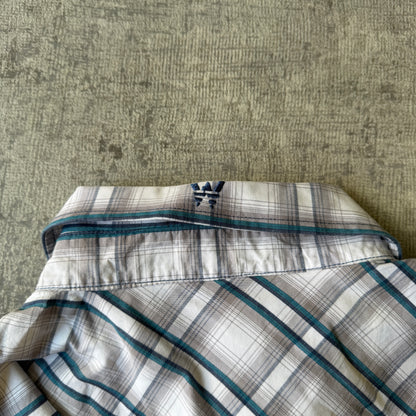 Wrangler Plaid Cropped Button Up Size XXL White Blue                   -E14