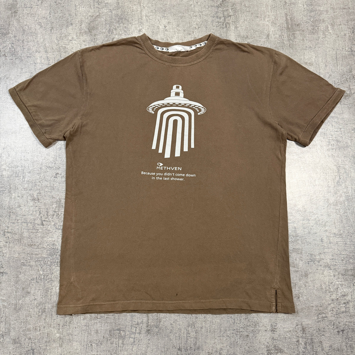 “Because You Didn’t come down in the last shower” Y2K Brown Tee Size L Mens              -I55