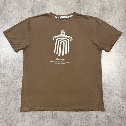 “Because You Didn’t come down in the last shower” Y2K Brown Tee Size L Mens              -I55