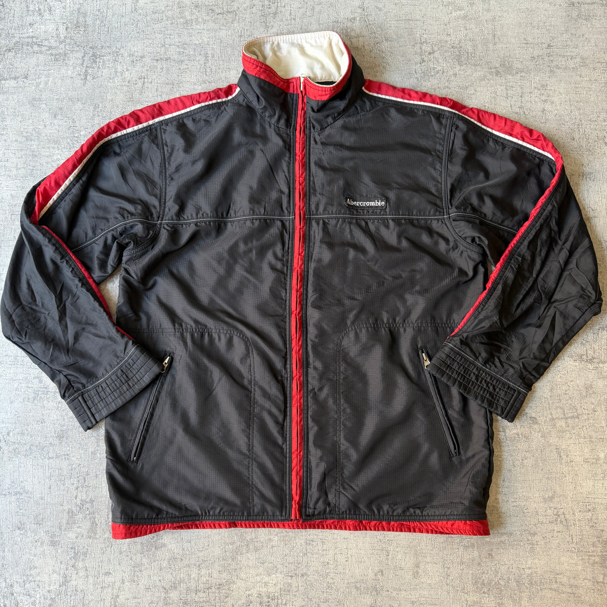 Abercrombie & Fitch Track Jacket Size L Black Red Y2K Windbreaker                  -F34