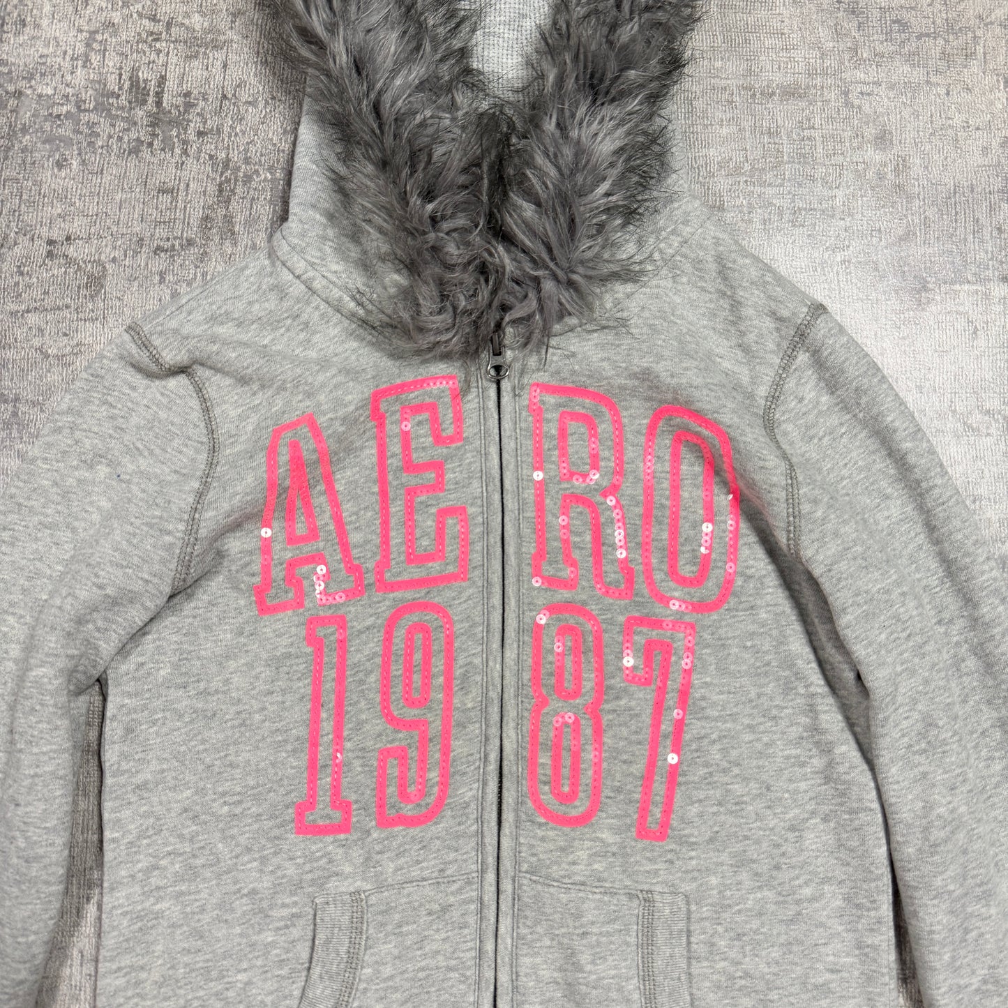 Aeropostale Y2K Womens Fur Hooded Zip Jacket Size M Grey Pink                -D31