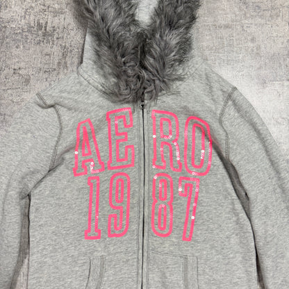 Aeropostale Y2K Womens Fur Hooded Zip Jacket Size M Grey Pink                -D31