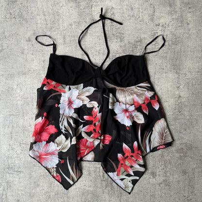 Miss Cherry Y2K Halter Neck Top Size 12 Womens Black Floral NWT'S         -A30