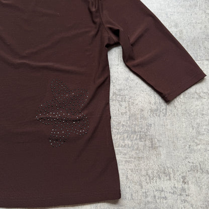 Y2K Brown Ruffle Neck Womens Top Size M Bejewelled 3/4 Sleeve        -A27