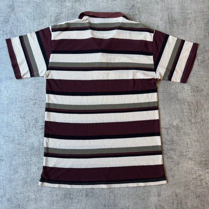 Ocean Edge Mens Y2K Knitted Polo Shirt Size L Striped Maroon Cream     -H40